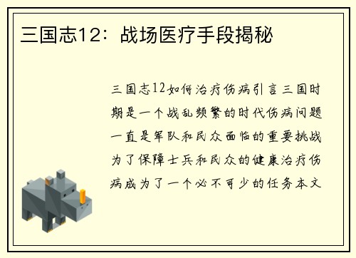 三国志12：战场医疗手段揭秘